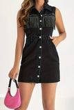 Fringe Detail Button-Front Mini Dress