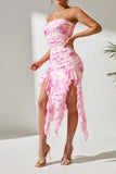 Tie-Dye Strapless Ruffle Hem Dress