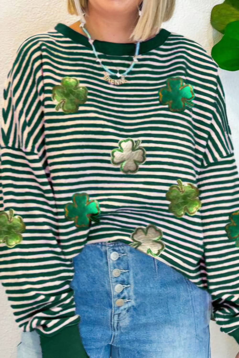 Striped Clover Drop Shoulder Sweatshirt