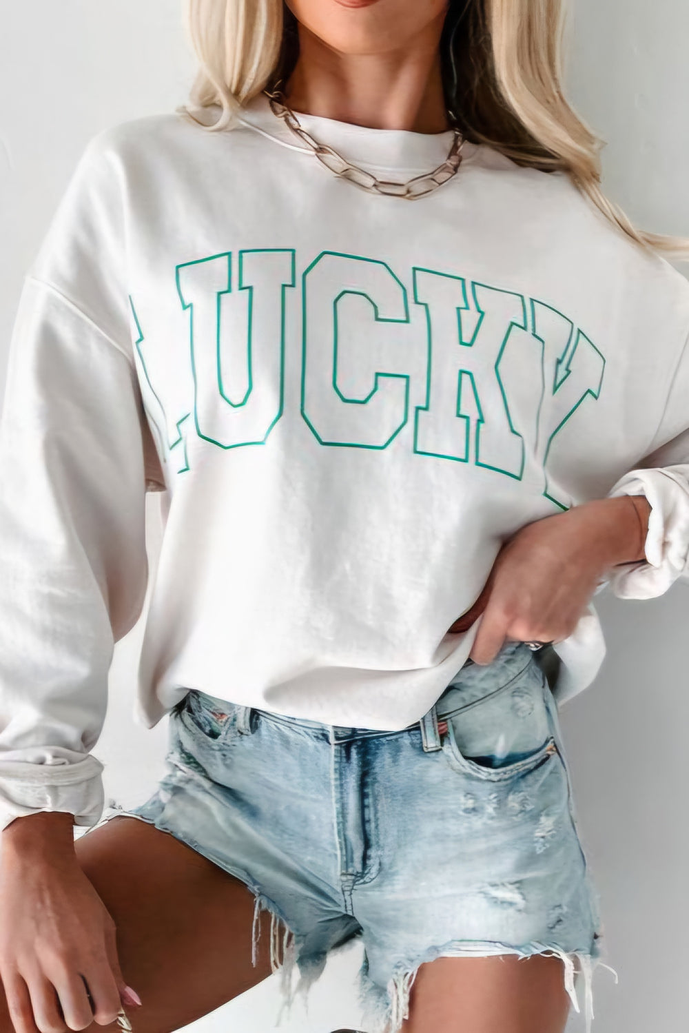 LUCKY Graphic Round Neck Long Sleeve Shirt