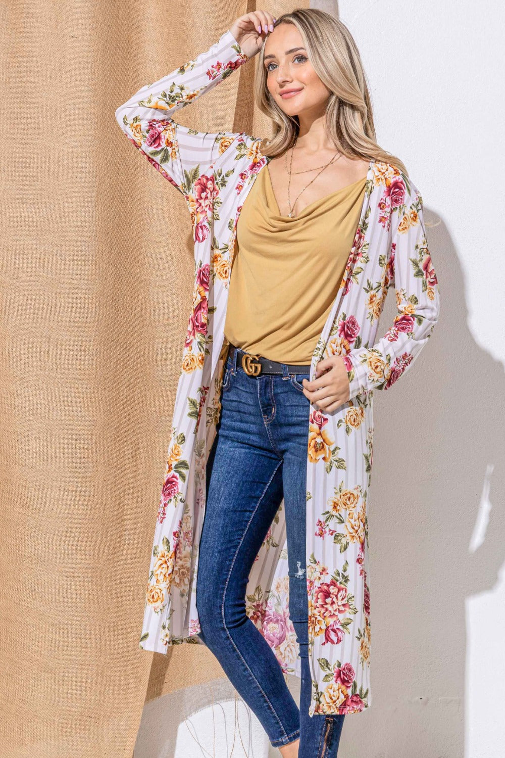 Floral Open Front Longline Cardigan