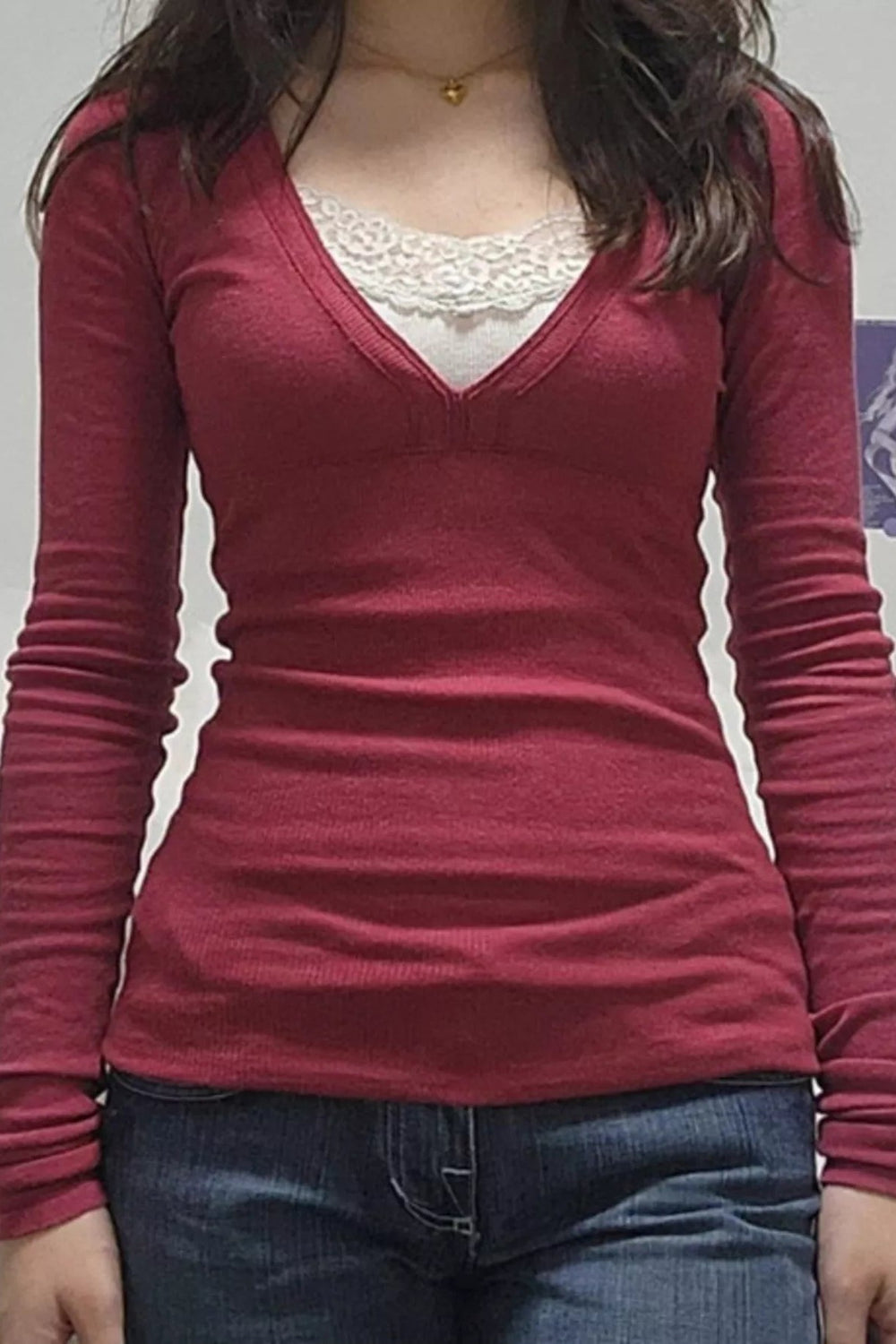 V-Neck Lace Detail Long Sleeve Top