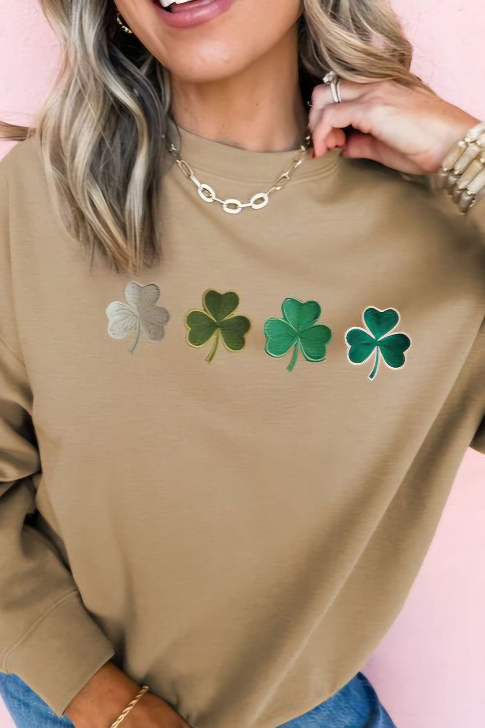 Embroidered Clover Pattern Round Neck Sweatshirt