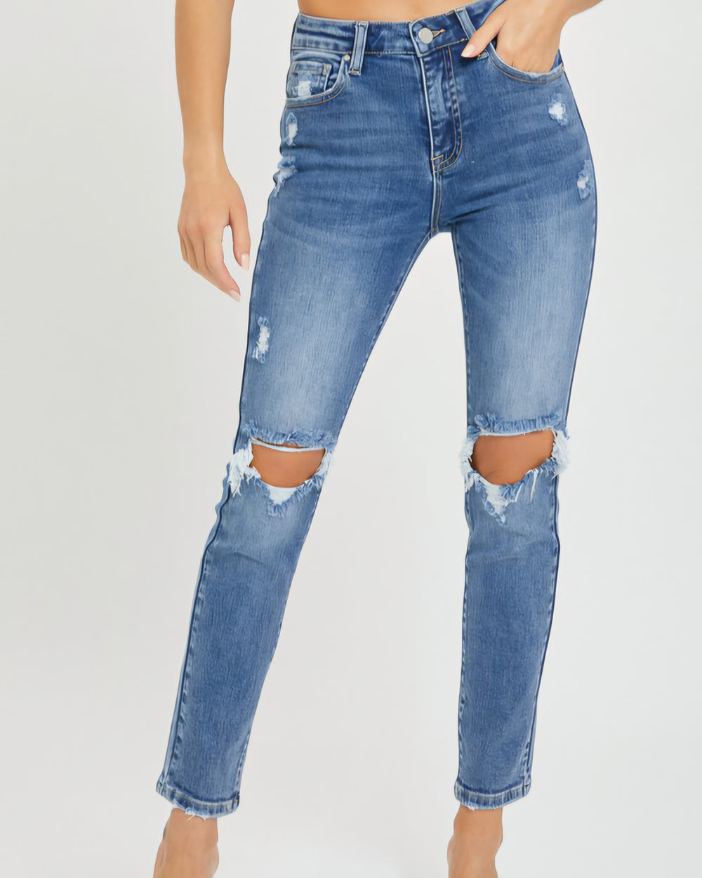 Risen High Rise Distressed Skinny Jeans