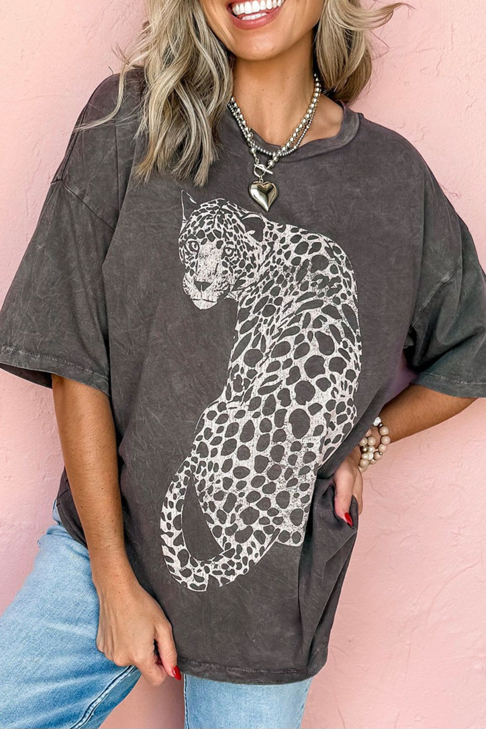 Cheetah Mineral Wash Round Neck Half Sleeve T-Shirt