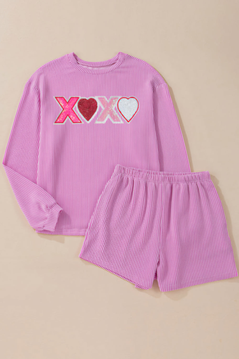 XOXO Heart Sequin Long Sleeve Top and Shorts Set