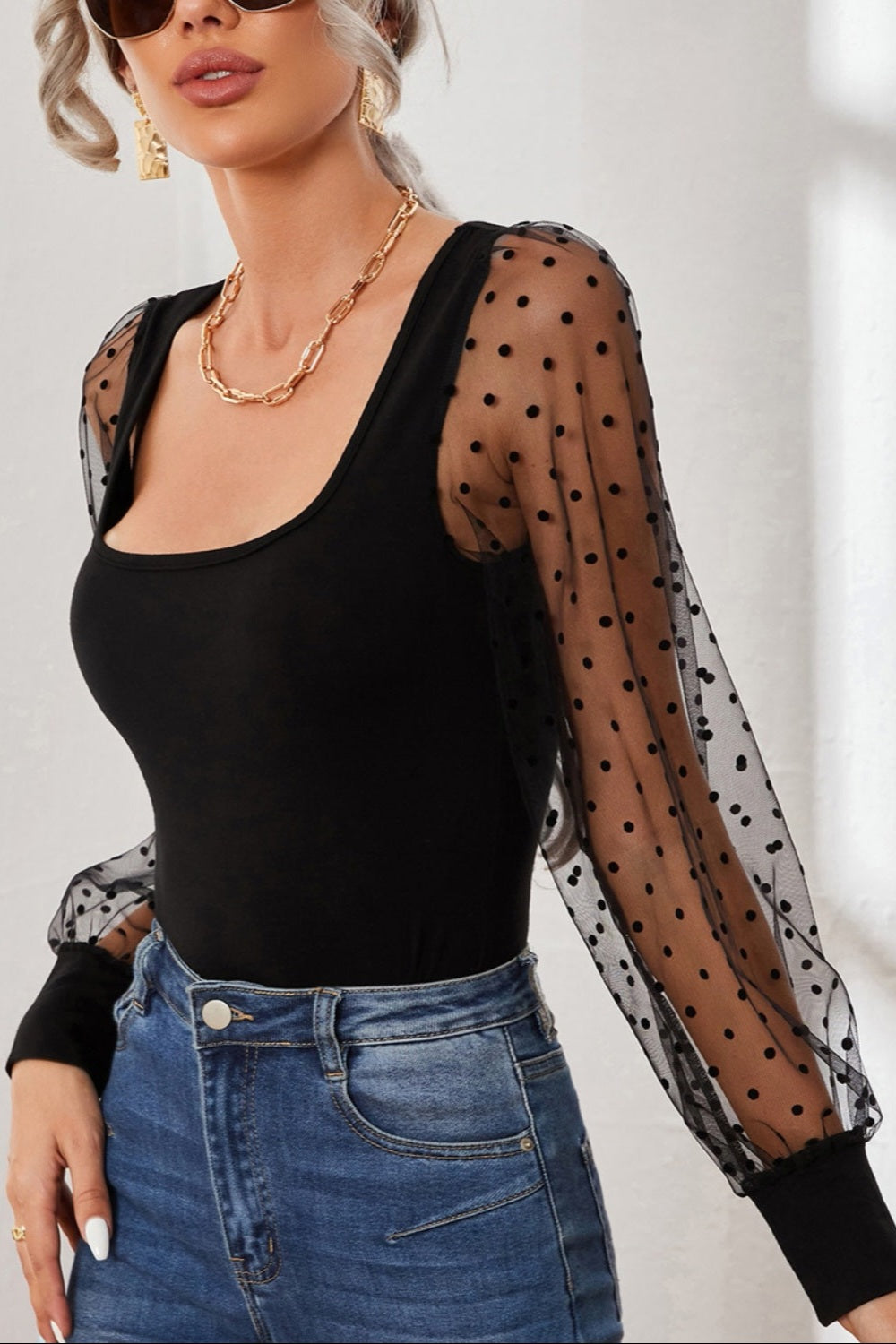 Square Neck Polka Dot Long Top