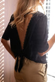 Lace Trim Open Back Tie Blouse