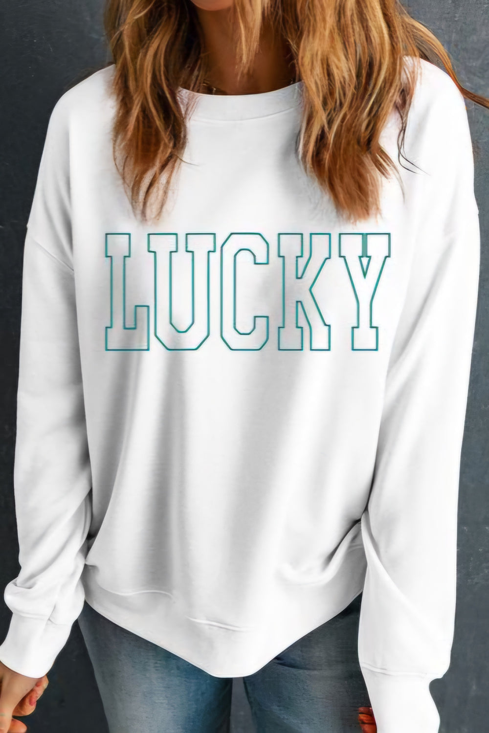 LUCKY Graphic Round Neck Long Sleeve Shirt