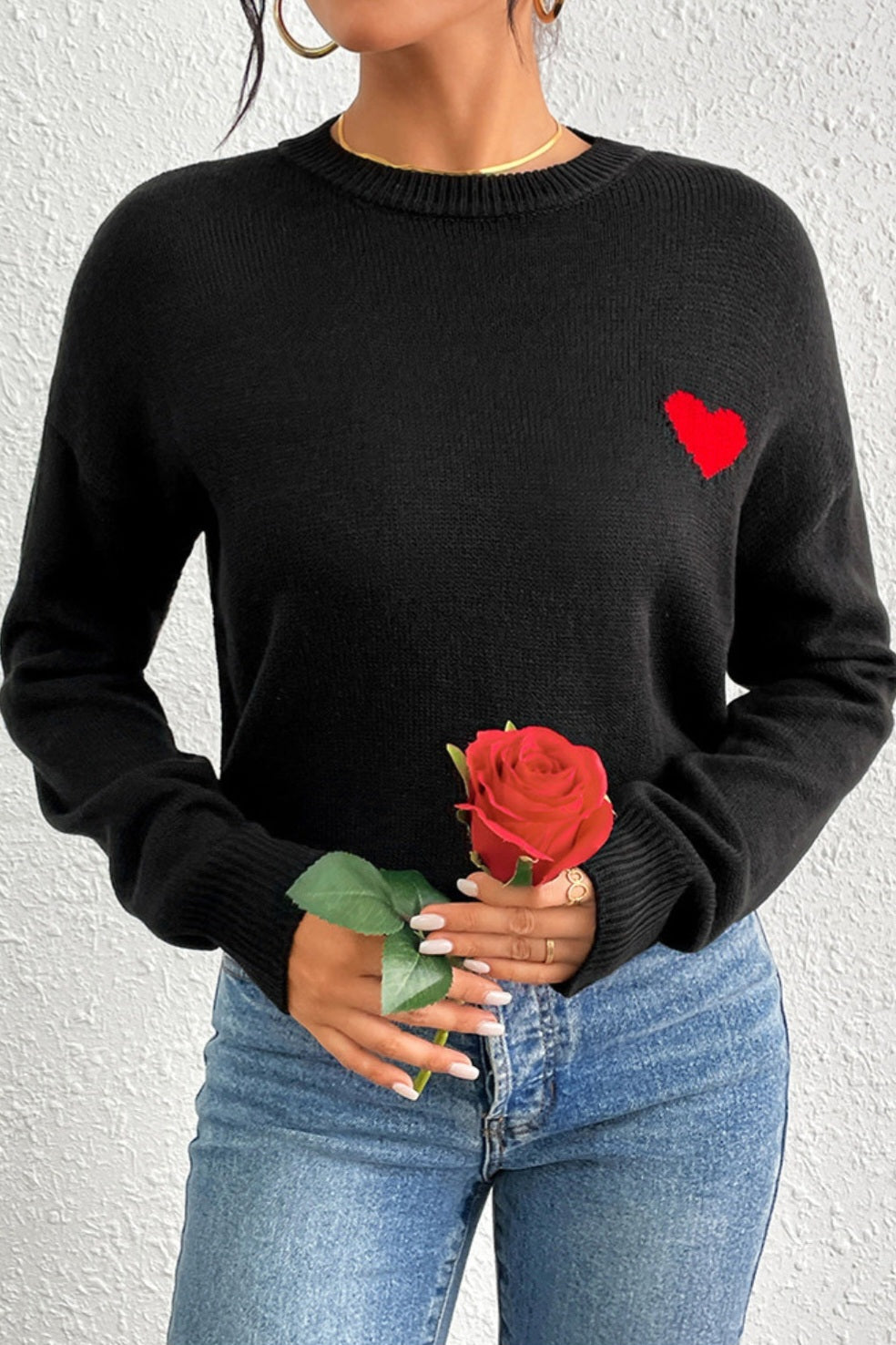 Heart Round Neck Long Sleeve Sweater