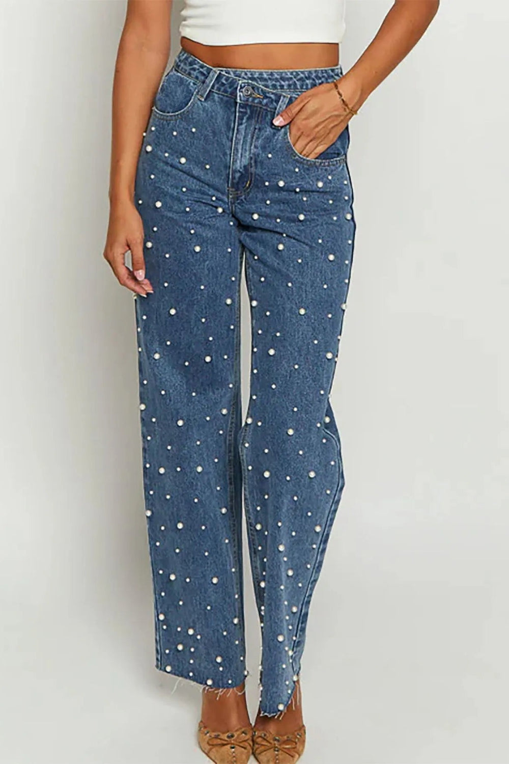 Pearl Embellished High Waist Straight Leg Jeans