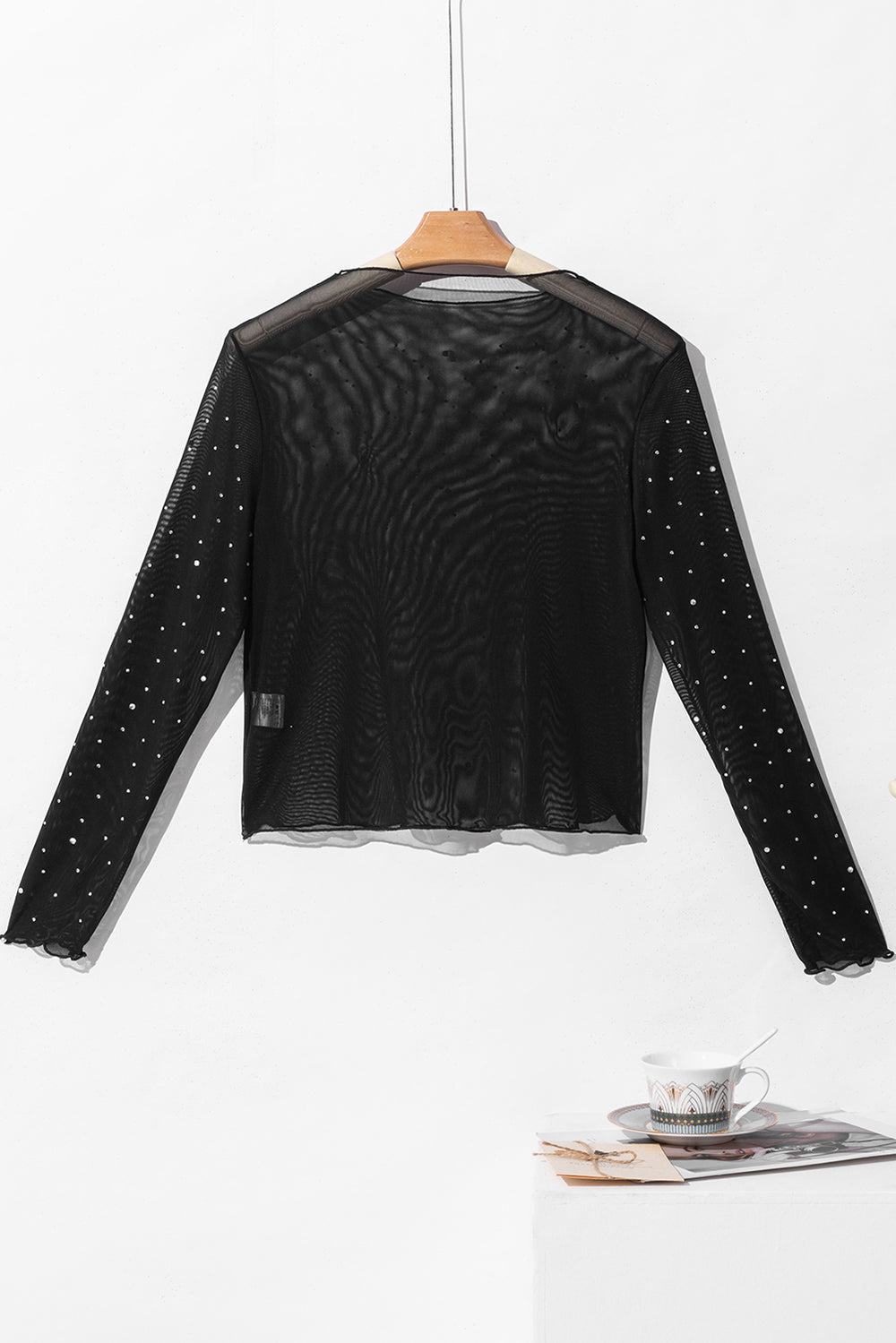 Rhinestone Sheer Mesh Long Sleeve Top