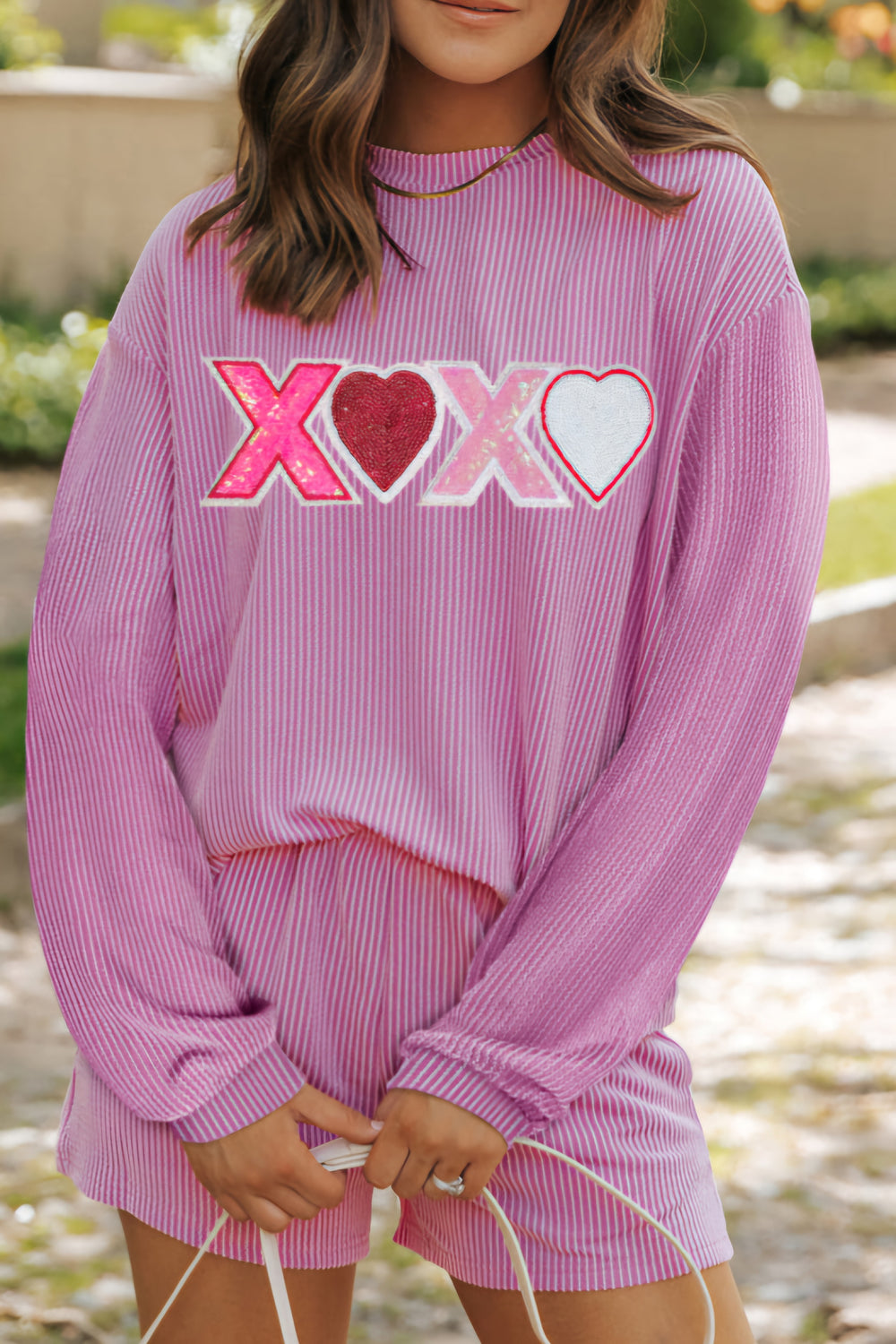 XOXO Heart Sequin Long Sleeve Top and Shorts Set