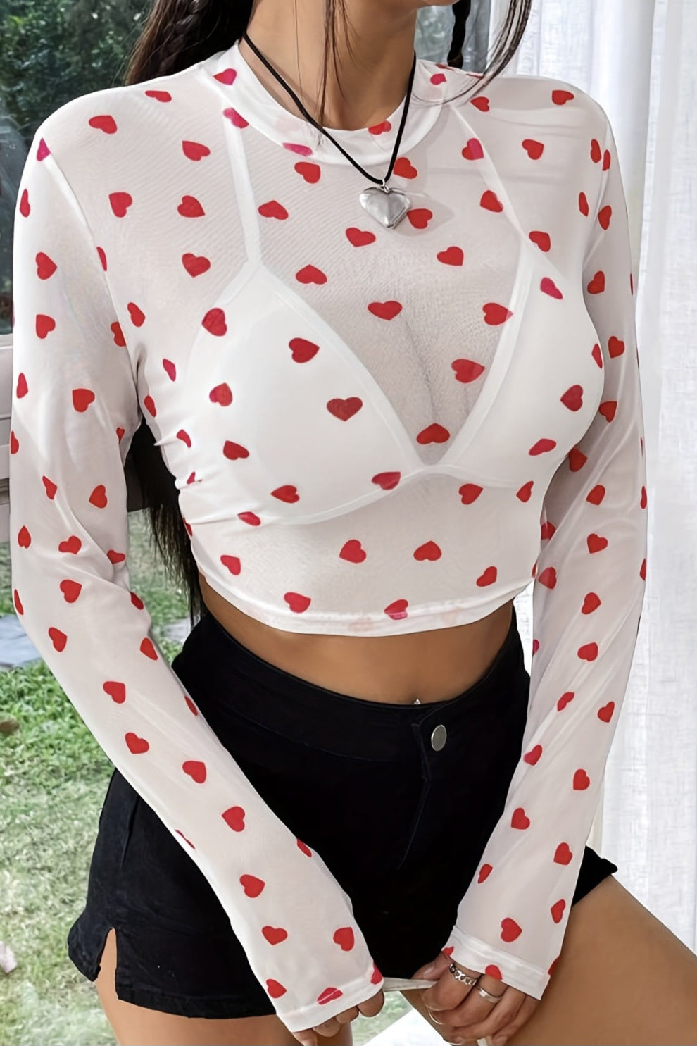 Heart Round Neck Long Sleeve Sheer Top