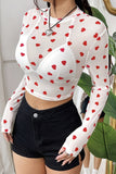 Heart Round Neck Long Sleeve Sheer Top