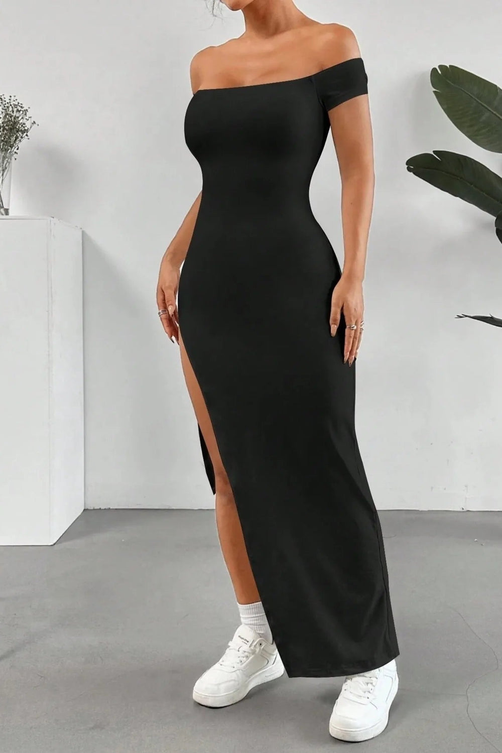 Off-Shoulder High Slit Bodycon Maxi Dress