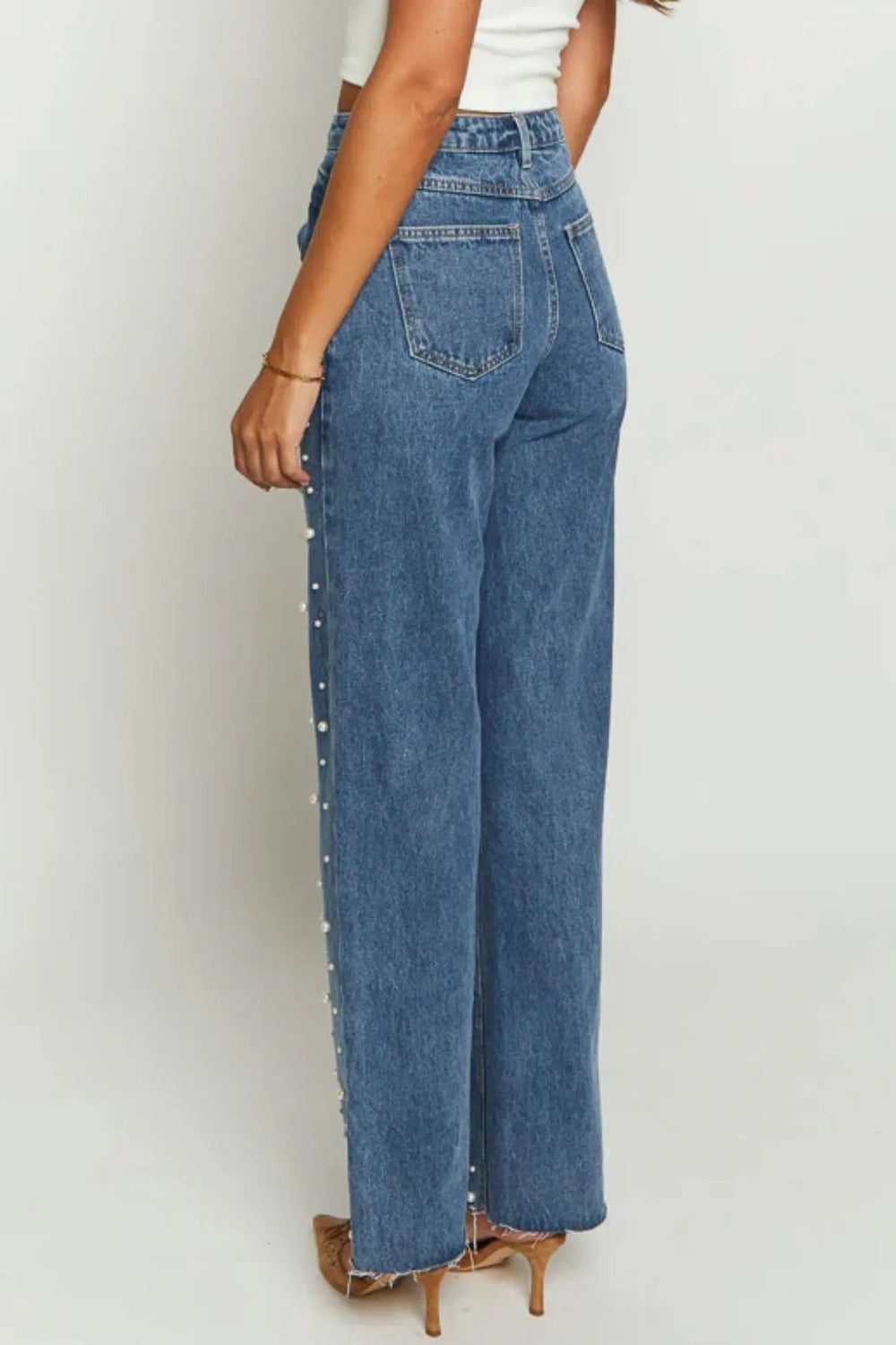 Pearl Embellished High Waist Straight Leg Jeans