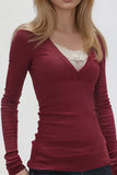 V-Neck Lace Detail Long Sleeve Top