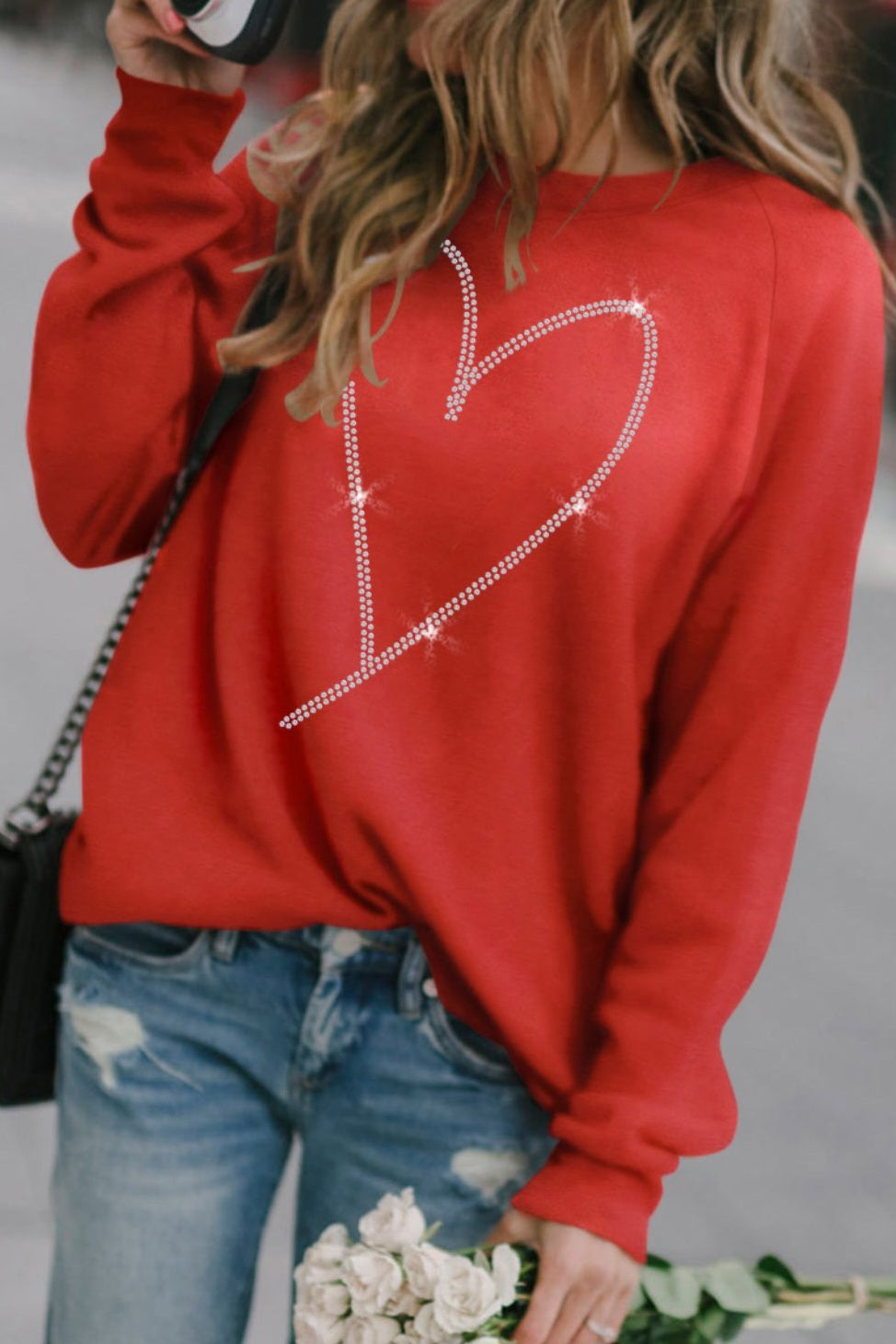 Valentine's Day Rhinestone Heart Long Sleeve Sweatshirt