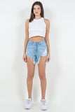 High Waist Fringed Hem Denim Shorts