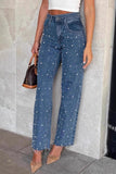 Pearl Embellished High Waist Straight Leg Jeans