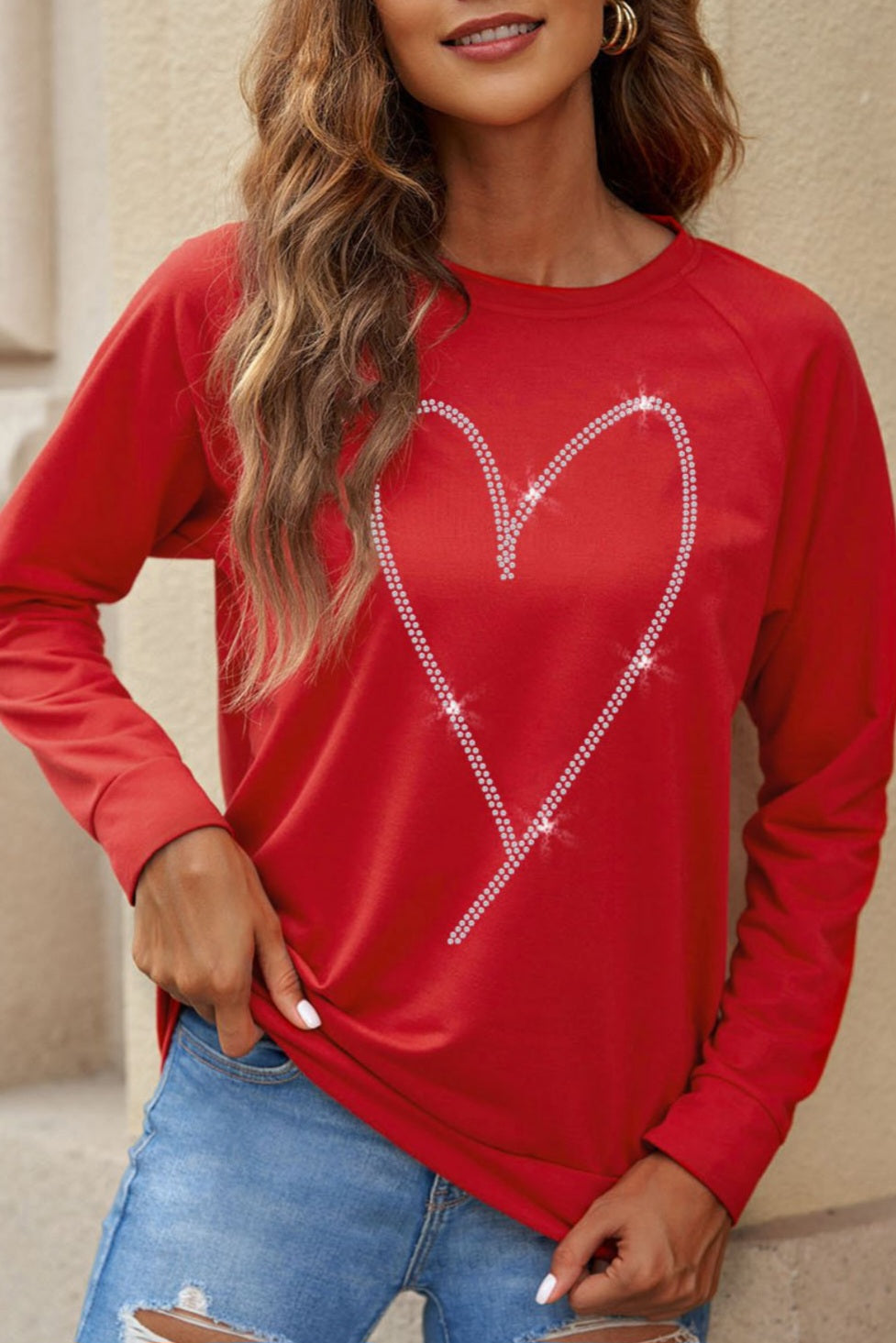 Valentine's Day Rhinestone Heart Long Sleeve Sweatshirt