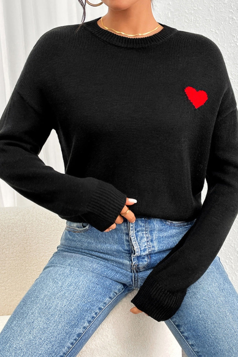 Heart Round Neck Long Sleeve Sweater