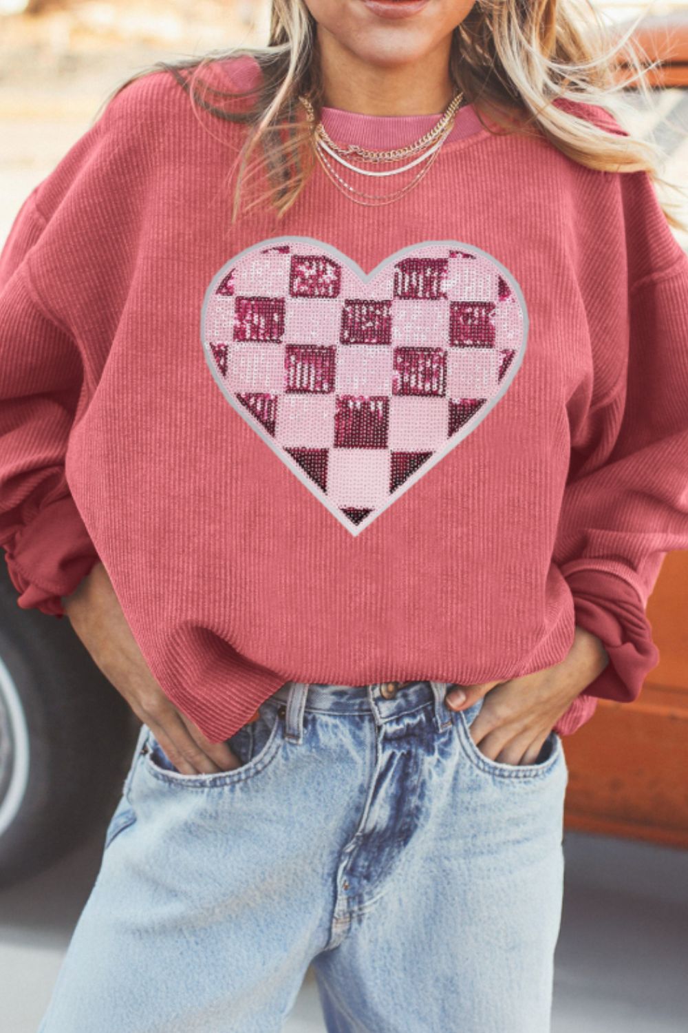 Valentine’s Day Sequin Heart Long Sleeve Sweater