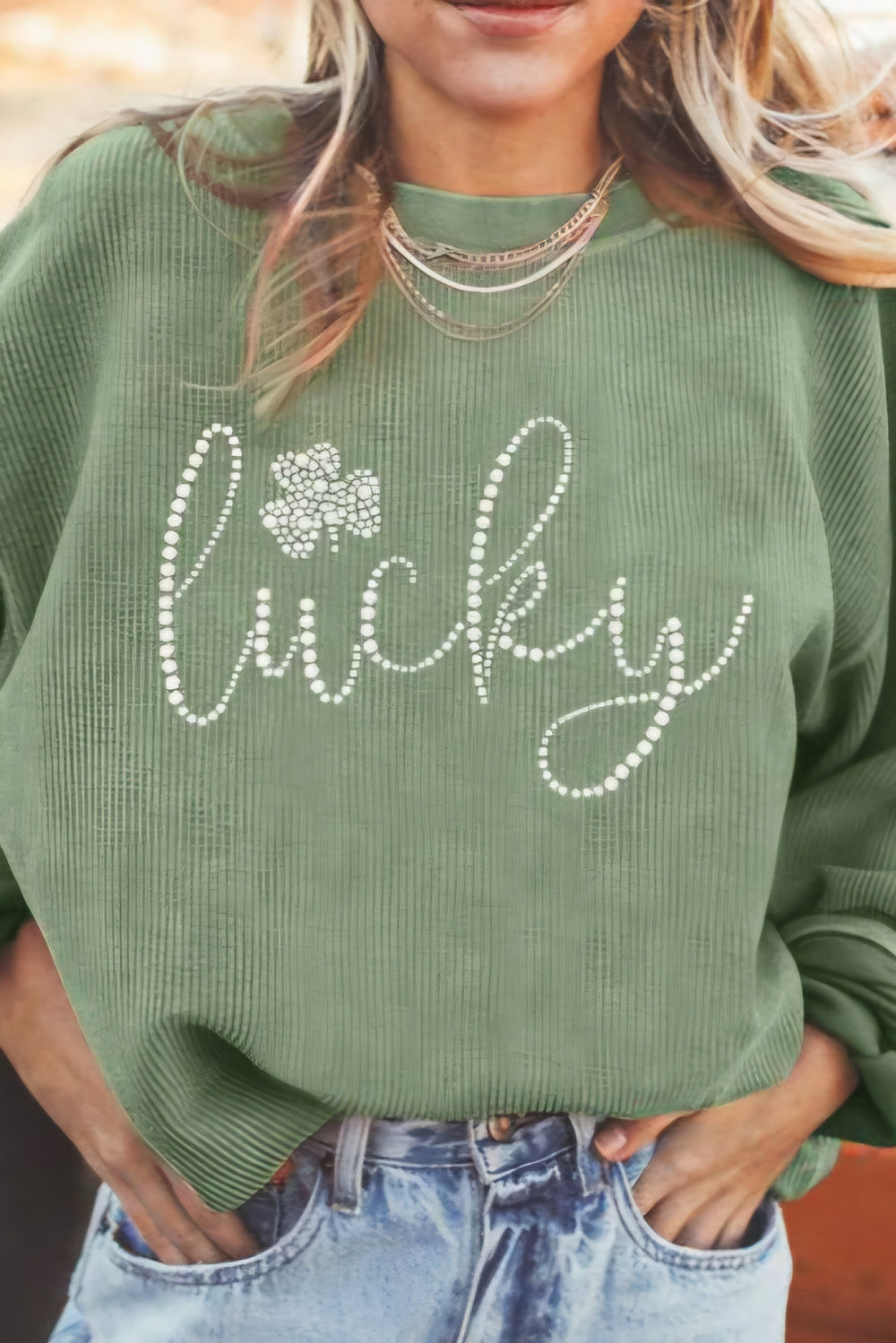 LUCKY Rhinestone Long Sleeve Sweatshirt