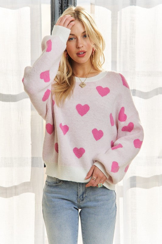 Round Neck Drop Shoulder Heart Sweater