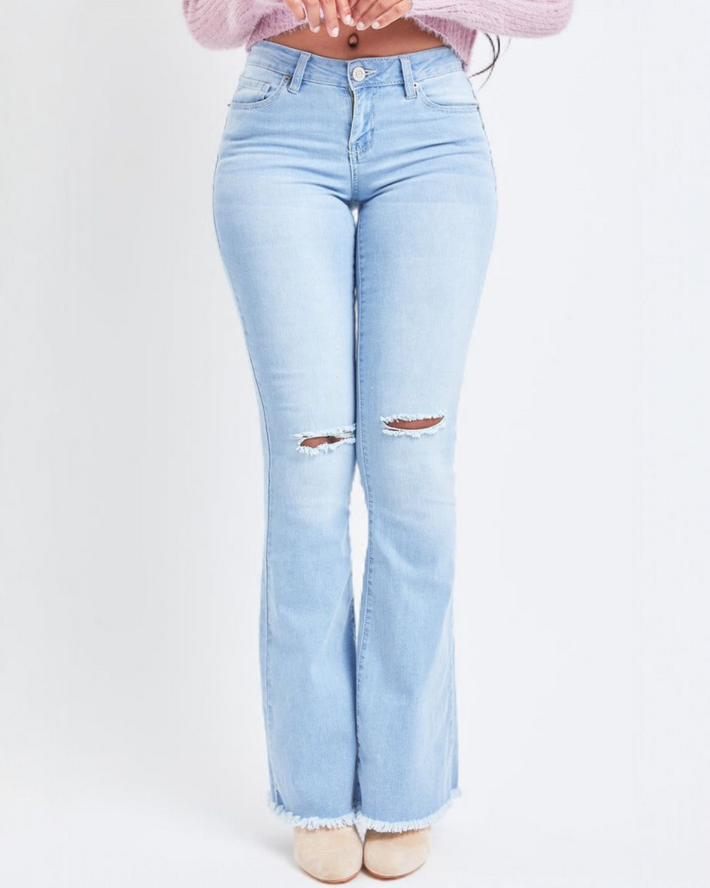 Low-Rise Fray Hem Flare Jeans