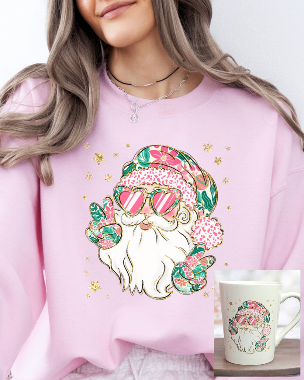 Floral Santa Sweatshirt and Mug Bundle: Size Extra Large