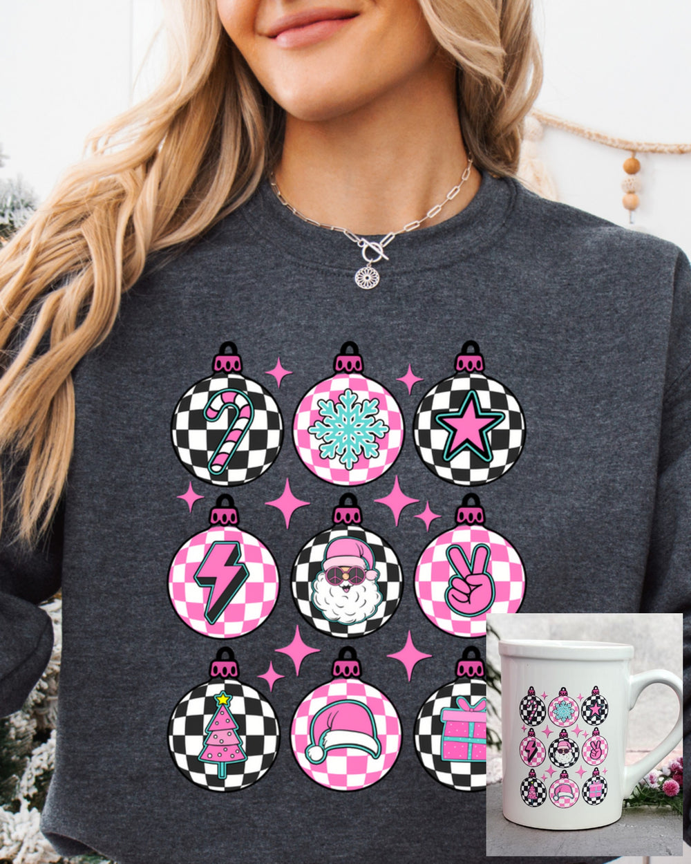 Checkered Christmas Sweatshirt and Mug Bundle: Size Large