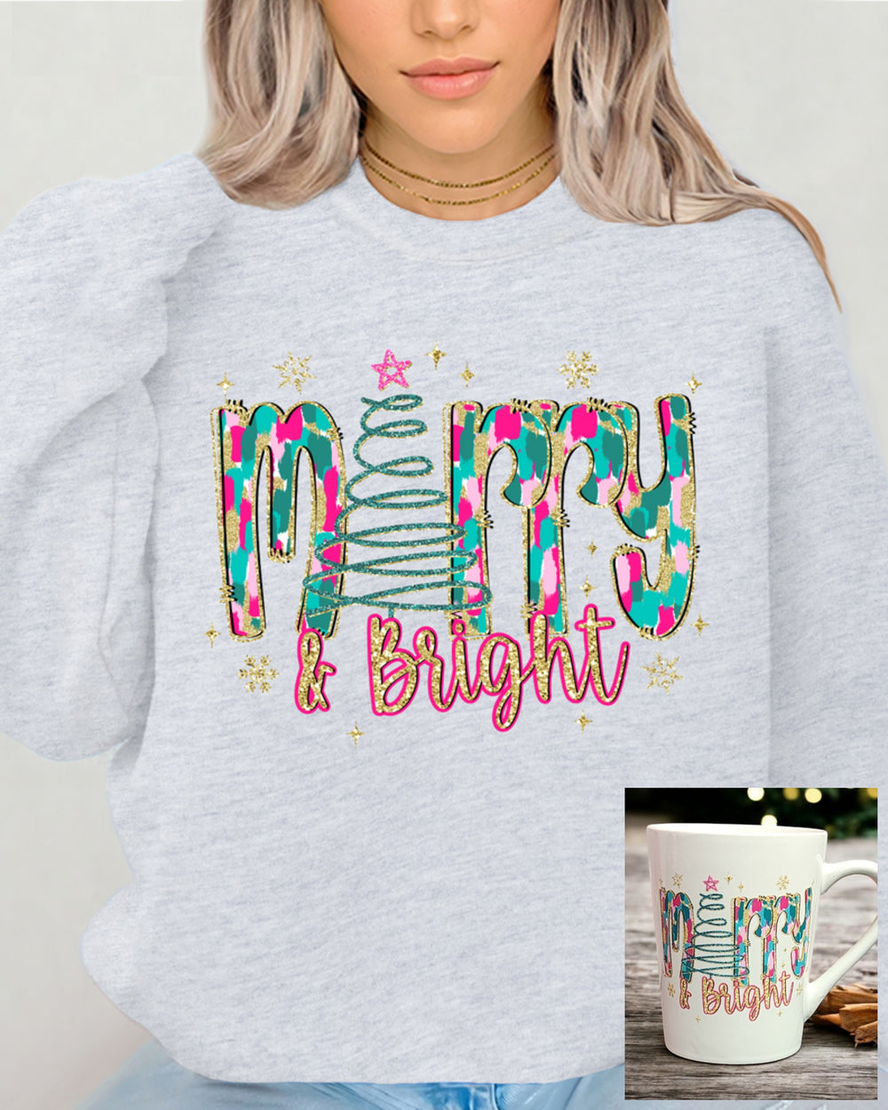 Merry & Bright Sweatshirt and Mug Bundle: Size Large