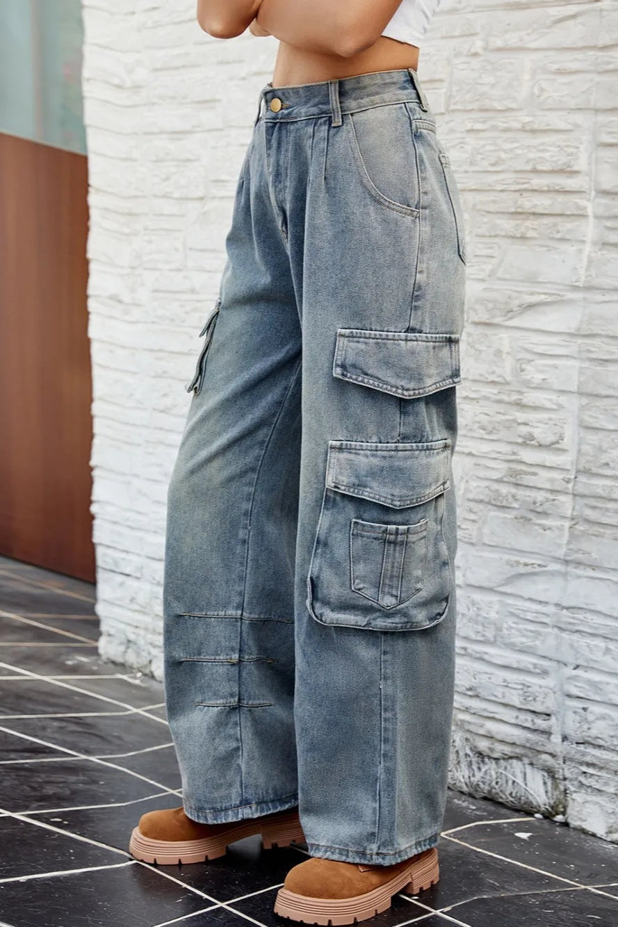 Denim Washed Cargo Style Jeans