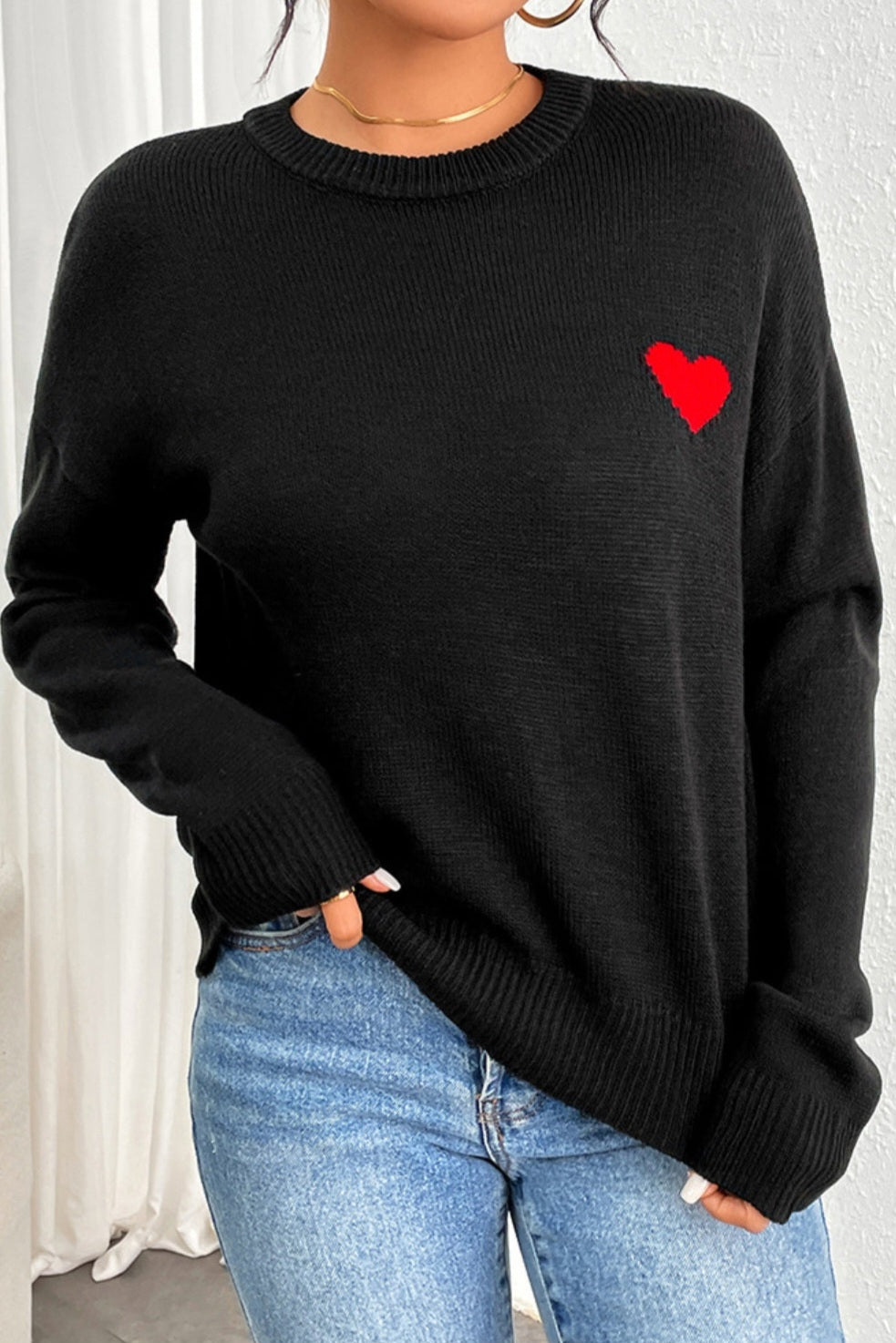 Heart Round Neck Long Sleeve Sweater