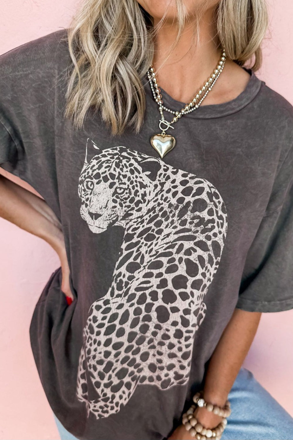 Cheetah Mineral Wash Round Neck Half Sleeve T-Shirt