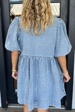 Bowknot Round Neck Half Sleeve Denim Dress