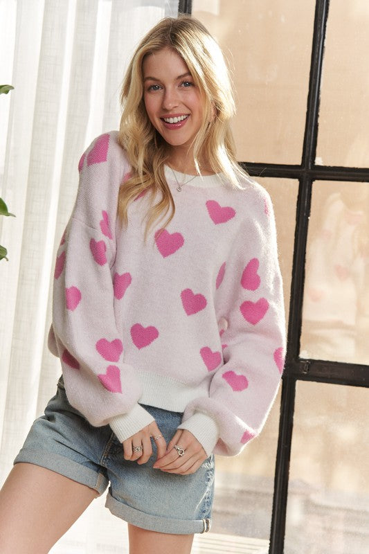 Round Neck Drop Shoulder Heart Sweater