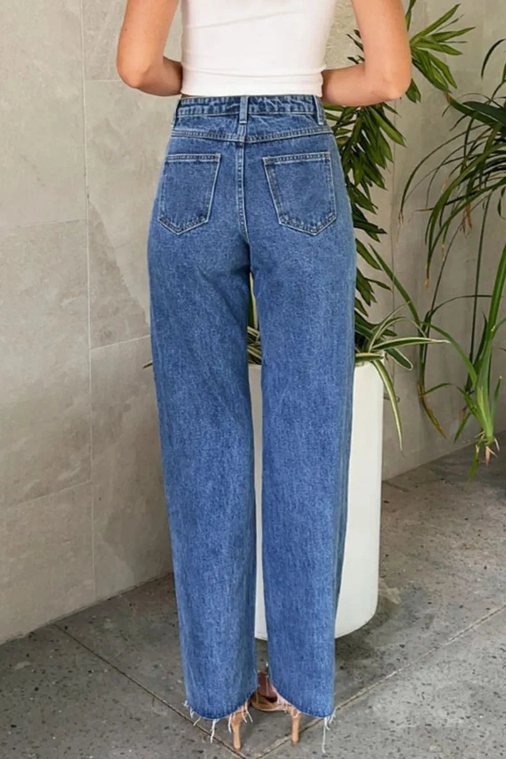 Pearl Embellished High Waist Straight Leg Jeans
