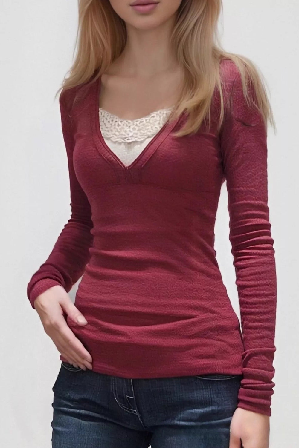 V-Neck Lace Detail Long Sleeve Top