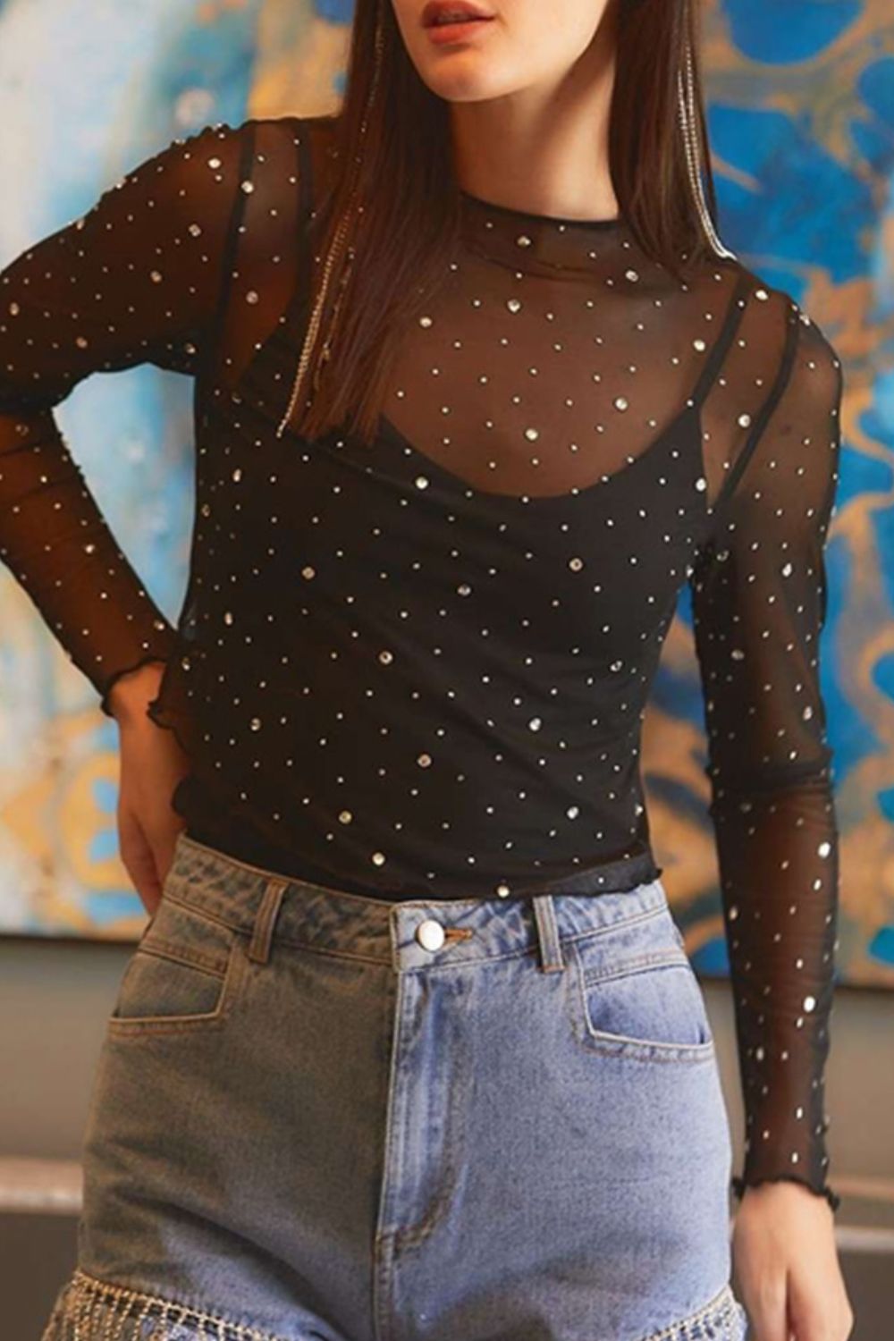 Rhinestone Sheer Mesh Long Sleeve Top