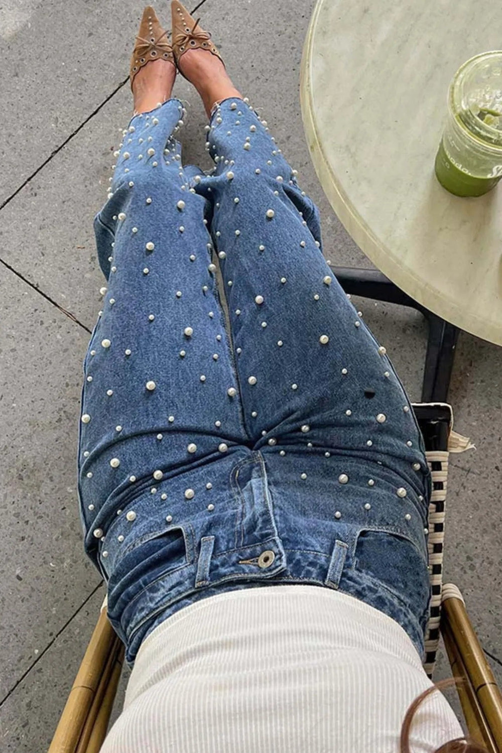 Pearl Embellished High Waist Straight Leg Jeans