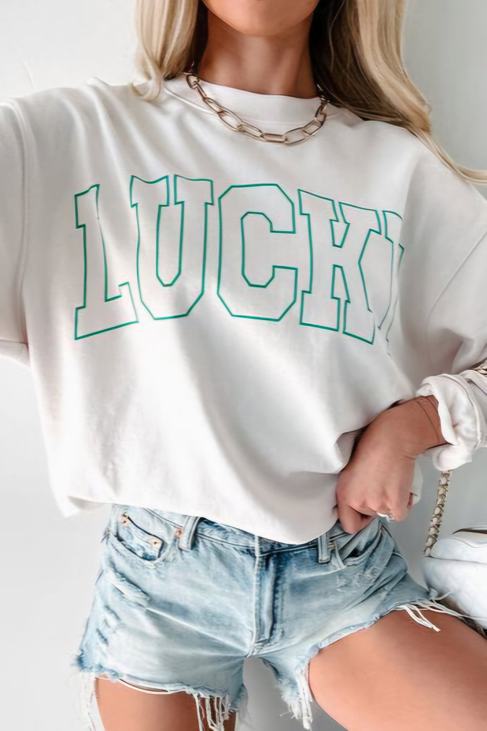 LUCKY Graphic Round Neck Long Sleeve Shirt