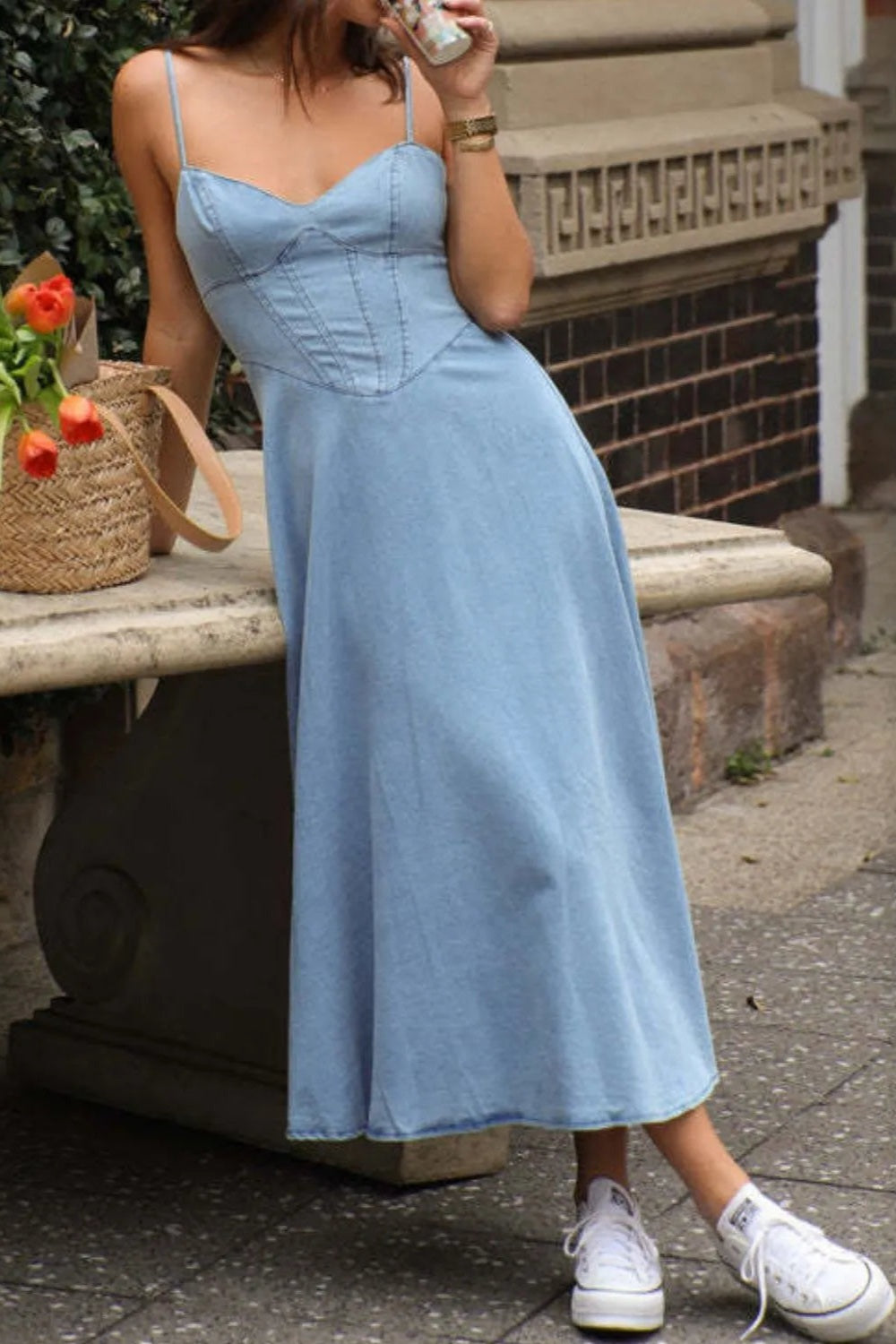 Smocked Sweetheart Neck Midi Dress